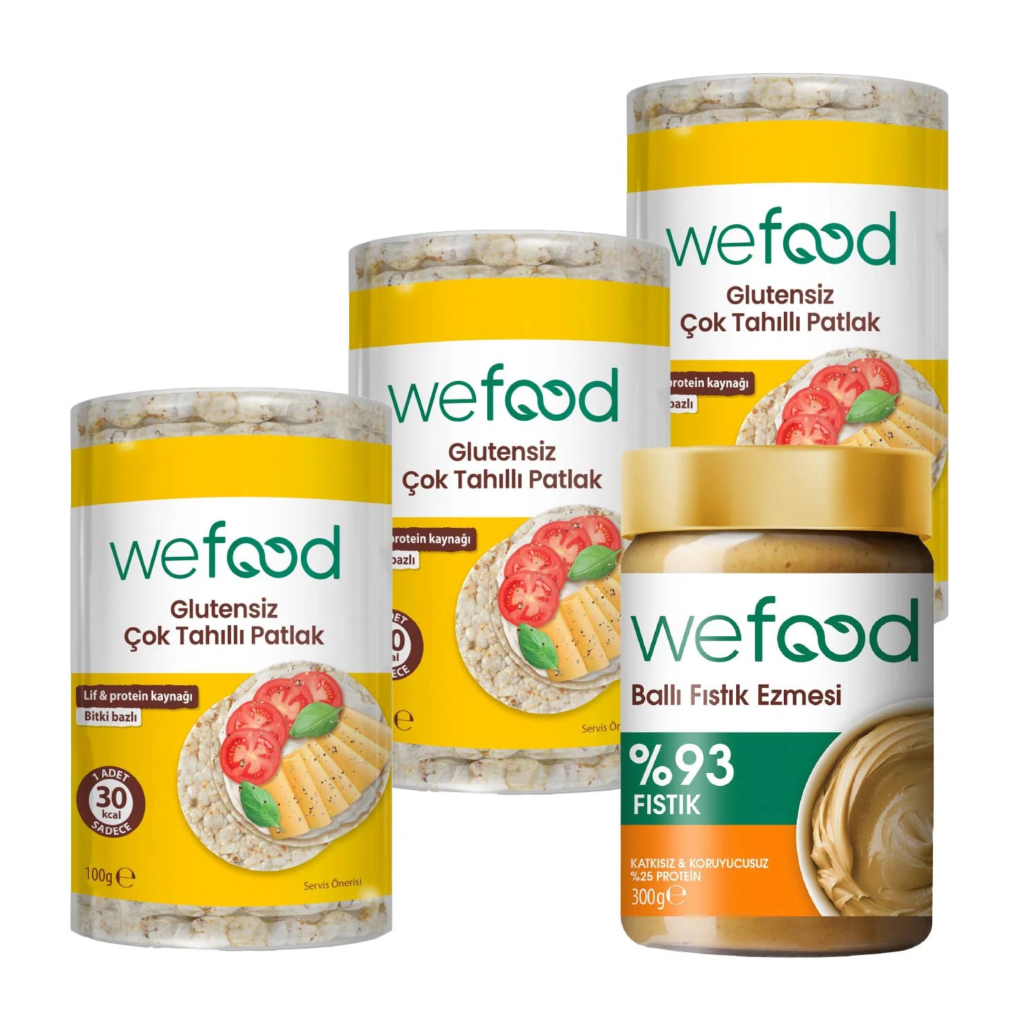 Wefood Şekersiz Ham Ballı Fıstık Ezmesi 300 gr + Wefood Glutensiz Çok Tahıllı Patlak 100 gr 3'lü